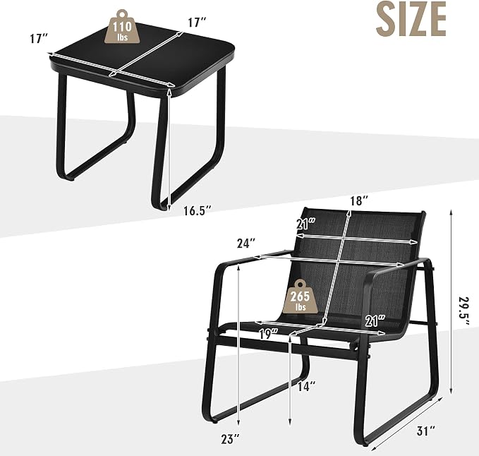 Tangkula 3 Pieces Outdoor Conversation Set, Patiojoy All-Weather Patio Furniture Set with Breathable Fabric and Steel Frame, Bistro Chat Set for Porch, Garden, Backyard (Black)