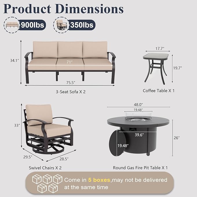 ALAULM Aluminum Patio Furniture Set with Coffee Table Rectangular, 5-seat Outdoor Sectional Furniture w/2 Swivel Chairs, Patio Conversation Set for Porch, Backyard, Poolside-Grey