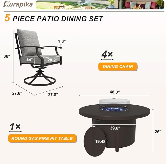 Kurapika 5 Piece Metal Outdoor Patio Furniture Set with Round Fire Pit Table, Patio Conversation Sets 4 Swivel Chairs with Thick Cushion and 40000 BTU Fire Pit Table, Gray