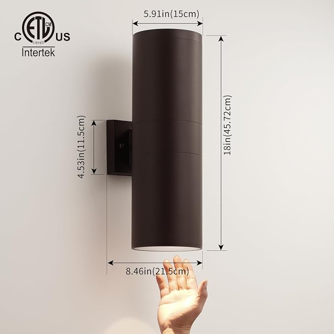 mirrea 18" Modern Outdoor Porch Light 2 Lights, Oil Rubbed Bronze, 2 Pack | Aluminum cylinder exterior fixtures, tempered glass cover, waterproof wall sconce & patio light for outdoor use.