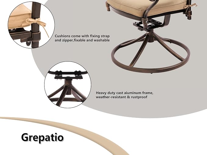 Grepatio 5 Piece Cast Aluminum Patio Dining Set, Outdoor Furniture Set with 4 Swivel Rocker Ding Chairs, 4 Cushions and 35.4" Square Table with 2" Umbrella Hole, Antique Bronze (Grid)
