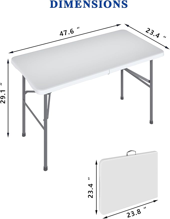 2 Pack 4FT White Folding Table for Outdoor, 4 Foot Picnic Tables No Assembly Required Portable, White Foldable Table for Camping, Parties, Meeting, Events, Wedding, with Carrying Handle