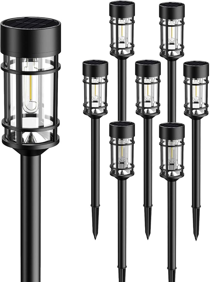 ILANCK Solar Lights Outdoor Waterproof, 8 Pack 21" Solar Pathway Lights with Metal & Glass, Auto On/Off Garden Lights for Yard, Landscape, Driveway Walkway