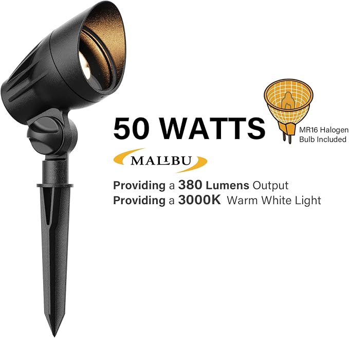 Malibu 50 Watt Floodlight Landscape Lights Outdoor Spotlight Waterproof Path Light Low Voltage Lighting with Spike Stand for Garden, Yard, Pathway, Lawn, Driveway Outdoor Lighting 8301-9601-01