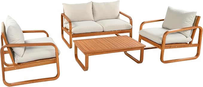4-Piece Acacia Wood Outdoor Patio Furniture Set, All Weather Conversation Set with Loveseat, 2 Chairs, Coffee Table, Woven Rope Accents and Cushions for Backyard Pool