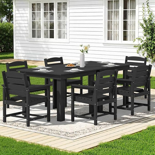 KINGYES 8-Piece HDPE Outdoor Dining Set for 6, Square Patio Table & Armchairs with Umbrella Hole, All-Weather Patio Dining Set for Backyard, Garden, Lawn & Poolside, Black