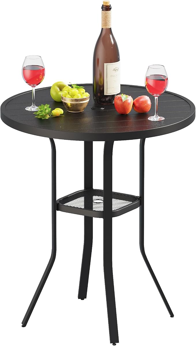 VICLLAX Outdoor Bar Table, 35.4" Wide Round Patio Bar-Height Table Metal Slatted Tabletop with Umbrella Hole for Balcony Front Porch Deck, Black