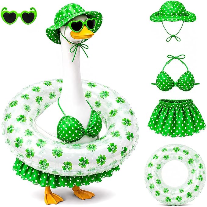 Hawaiian Porch Goose Outfits with Hat Sunglasses & Swim Ring, Summer Bikini Goose Outfit Clothes Costume Fits 23" Cement Geese Statue, Summer Garden Lawn Patio Yard Outdoor Decor (Summer style-Green)