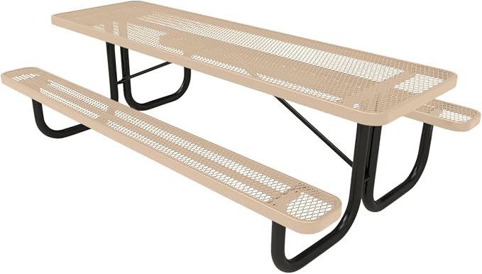 COATEDOUTDOORFURNITURE Heavy-Duty Portable Outdoor Picnic Table, Thermoplastic Coated Expanded Metal Commercial-Grade Patio Dining Furniture Made in America (8ft Rectangular, Tan)