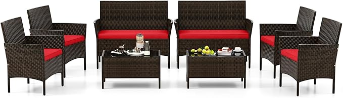4 Piece Patio Furniture Set, Sectional Conversation Sofa Set with Glass Coffee Table, Cushions & Loveseat, Wicker Outdoor Table and Chairs for Pool, Garden, Deck, Backyard (2, Red)