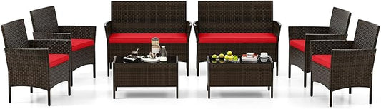 4 Piece Patio Furniture Set, Sectional Conversation Sofa Set with Glass Coffee Table, Cushions & Loveseat, Wicker Outdoor Table and Chairs for Pool, Garden, Deck, Backyard (2, Red)