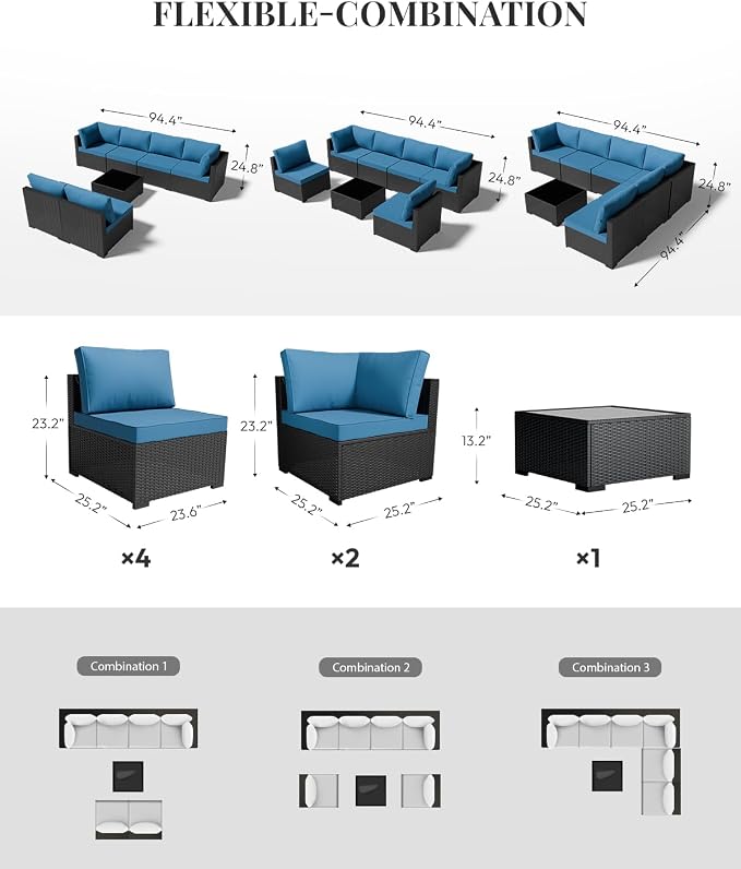 WWR Patio Furniture Set 7 Piece - All-Weather - Wicker Rattan Patio Outdoor Conversation Set, Modular Sectional Sofa for Backyard, Garden, Poolside, Balcony, Porch, Patio, Black/Navy Blue