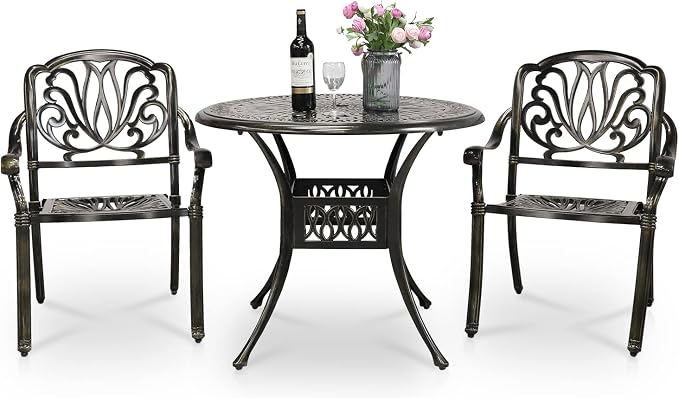 VIVIJASON 3-Piece Outdoor Patio Bistro Set, All-Weather Cast Aluminum Furniture Dining Sets Include 2 Chairs and 35.4" Round Table w/Umbrella Hole for Balcony, Lawn, Garden, Backyard