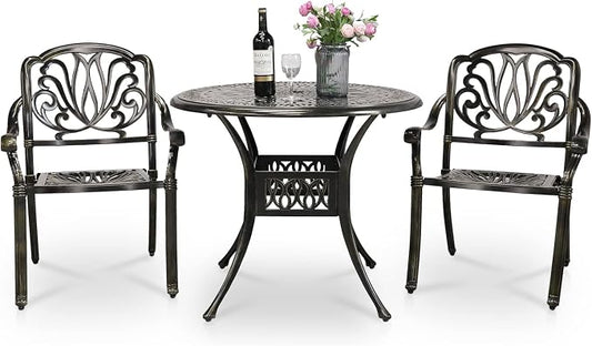 VIVIJASON 3-Piece Outdoor Patio Bistro Set, All-Weather Cast Aluminum Furniture Dining Sets Include 2 Chairs and 35.4" Round Table w/Umbrella Hole for Balcony, Lawn, Garden, Backyard