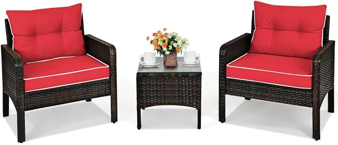 HAPPYGRILL 3 Pieces Patio Furniture Set Outdoor Rattan Wicker Coffee Table & Chairs Set with Seat Cushions Patio Conversation Set for Garden Balcony Backyard Poolside