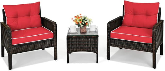 HAPPYGRILL 3 Pieces Patio Furniture Set Outdoor Rattan Wicker Coffee Table & Chairs Set with Seat Cushions Patio Conversation Set for Garden Balcony Backyard Poolside
