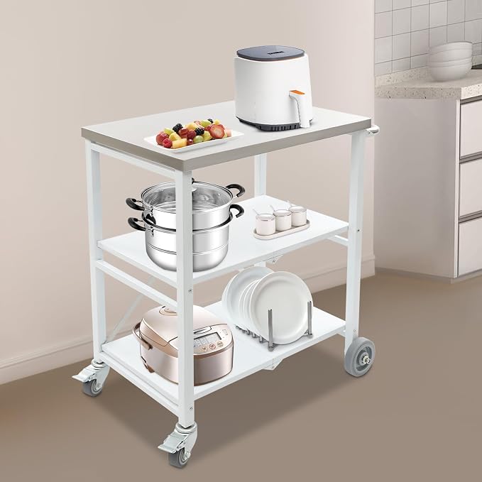 Foldable Outdoor Grill Table with 2 Total Lock Casters, Stainless Steel Pizza Oven Stand, 3 Shelf Folding Kitchen Island, Green, 27.6 x 18.5 (Silver, White, Grey)