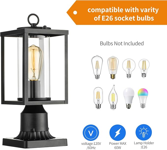 mirrea 14" Outdoor Post Light, Rectangular Pole Lamp for Outside, Lamp Post Light Fixture, Hardwired Outdoor Lighting for Yard, Deck, Cylinder Glass Shade, Matte Black, Pack of 1