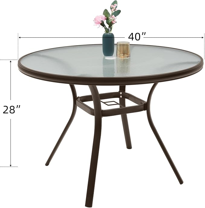 Brown Metal Frame 40" Glass Outdoor Patio Round Dining Table for 4 Person | Glass Table Top, Brown Metal Frame, All Weather, Rust Free, 4 Person Use