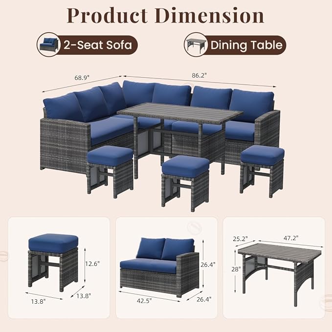 Patio Furniture Set 7 Pieces with Protective Cover, Wicker Rattan Outdoor Sectional Sofa with Dining Table, Chair and Ottoman and Wine Conversation Set for Backyard, Garden, Porch Lounge Use(Gray)