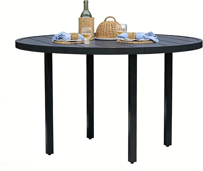 60" Round Outdoor Patio Table for 8, Metal Black Dining Table with Adjustable Umbrella Hole, Garden, Backyard & Deck Bistro Table