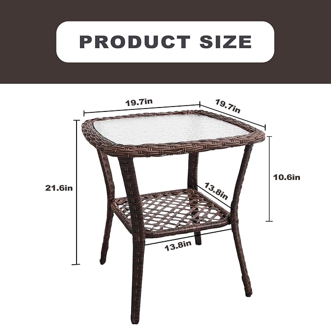 DIMAR GARDEN Outdoor Side Table Wicker Patio Coffee Table with Glass Top and Storage Shelf,Mixed Brown