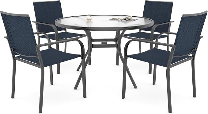 Outdoor Patio 40" Round Glass Table and Navy Stackable Chairs Dining Set 5 | 4 Piece Stackable Chairs Textilene Seat and Back, Table and Chair with Metal Frame, Round Glass Table Top, 1.7" Umbrella Hole