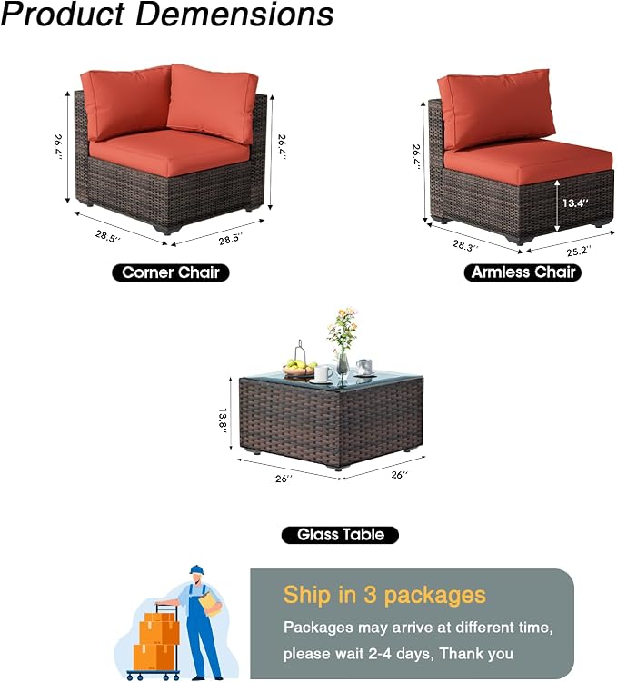 7 Pieces Patio Furniture Set, Rattan Outdoor Sectional Conversation Sets, All Weather Outdoor Furniture Set with Cushions for Garden Lawn Balcony Porch Deck Red