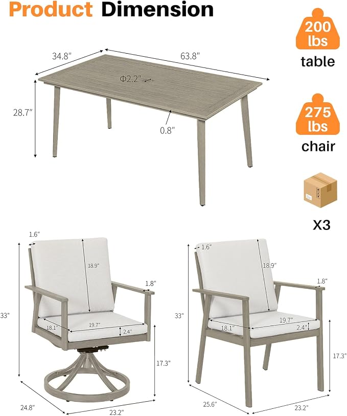 7 Pieces Outdoor Dining Set for 6, Never-Rust Aluminum Patio Swivel Dining Set with 2.2" Umbrella Hole, Outdoor Patio Furniture Set with 2 Swivel Chairs for Decks, Garden, Pool, Limed Oak