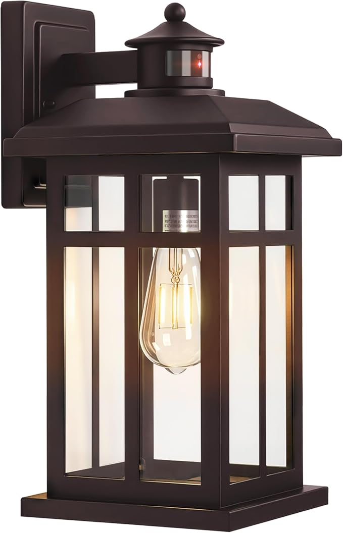 Brilvibera Motion Sensor Outdoor Wall Sconces Hardwired 16" Bronze | Outdoor Sconce Lights Dusk to Dawn for House, Doorway, and Garage, Rustic Brown Motion Sensing Outside Porch Light