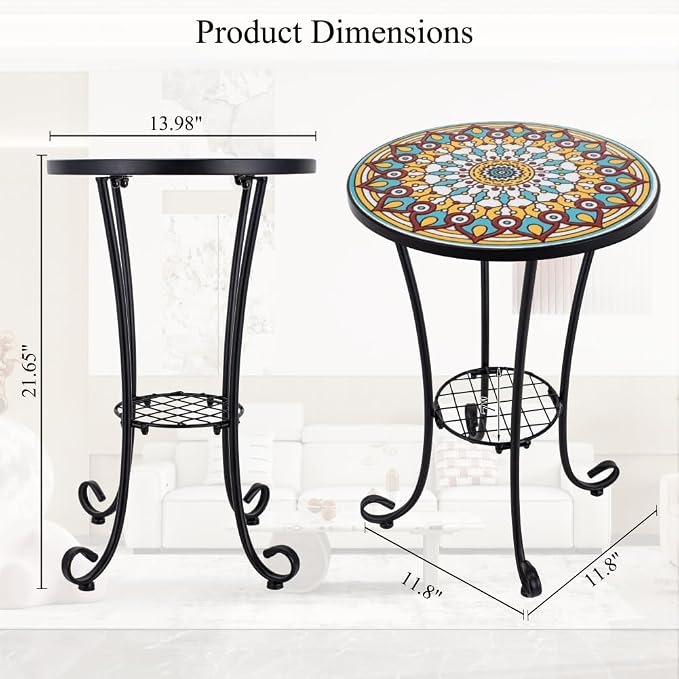 Mosaic Outdoor Side Table Small Round Patio Table Plant Stand | 21" Accent End Table with 14" Ceramic Tile Top for Small Spaces Porch Pool Garden Decor Indoor Living Room Bedroom Balcony
