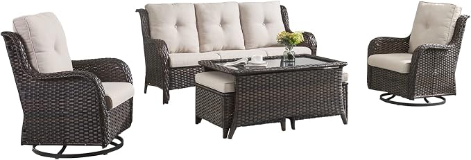 HUMMUH Patio Furniture 6 Pieces Outdoor Furniture Set Wicker Outdoor Sectional Sofa with Swivel Rocking Chairs,Patio Ottomans,Outdoor Coffee Table