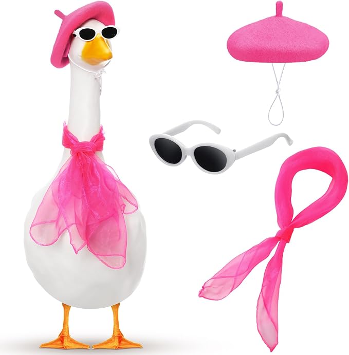 Yaomiao 3 Pcs 50s French Porch Goose Outfit Set for 23'' 17'' Cement Lawn Goose Costume Beret Hat for Carnival Statue Decor(Hot Pink)