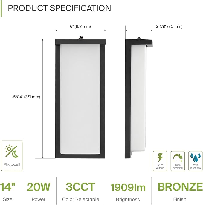 ASD LED 14" Outdoor Wall Light, Dusk to Dawn Front Door House Sconce | 3CCT, Photocell, Waterproof, ETL Listed | 20W 1900LM 3000-5000K 120V | Exterior Patio Lighting Fixture, Porch Lamp | Black