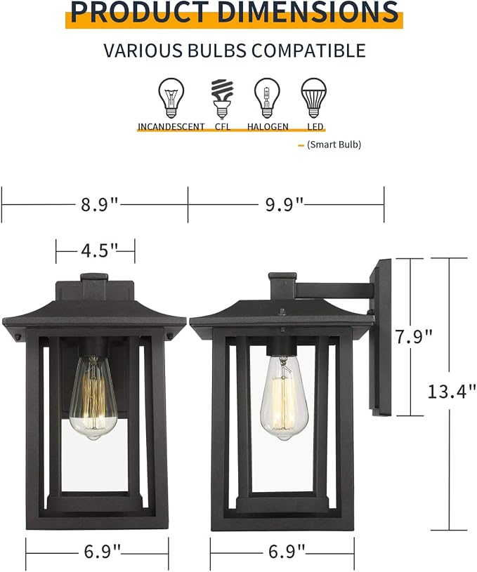 Beionxii Outdoor Wall Mount Light, Dusk to Dawn Exterior Light Fixture Outside Lights for House Porch Patio, Black Cast Aluminum w/Clear Glass (13.5" x 9") - A197W-1PK