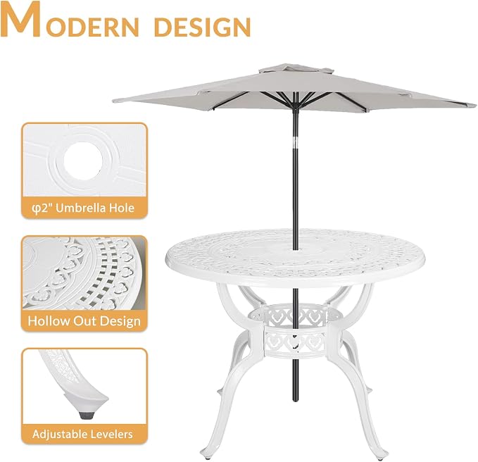 5-Piece Outdoor Patio Dining Set, All-Weather Cast Aluminum Patio Furniture Set for Backyard Garden Deck with 4 Chairs, 4 Cushions and 38.5” Round Table, 2.2" Umbrella Hole, White