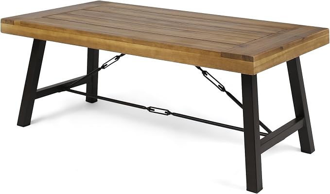 roomfitters Outdoor Acacia Wood Coffee Table, Teak Finish with Rustic Metal Legs, Perfect for Patio, Garden, or Deck, Weather-Resistant and Durable, Brown and Black