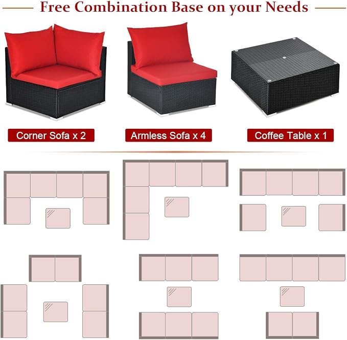 Tangkula 7 Piece Patio Furniture Set, Outdoor Sectional Sofa w/Pillows and Cushions, Wicker Sofa Conversation Set with Coffee Table, Patio Sofa and Tea Table Set for Garden, Lawn (Red)