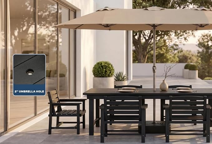5-Piece Outdoor Dining Set for 4,Black | HDPE table, chairs included, umbrella hole design, weather-resistant furniture, perfect for balcony, deck, backyard