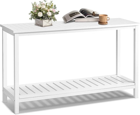 VINGLI 49in Solid Wood Outdoor Console Table, 2-Tier Patio Buffet Bar Table, Multi-Functional Storage Sideboard for Garden, Porch, Balcony (White)