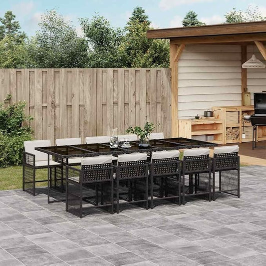 Garden Dining Set Black Poly Rattan Large Foldable 11 Piece Outdoor Patio Table with Tempered Glass Seats 10 for Backyard Terrace BBQ Furniture Modern Weather Resistant