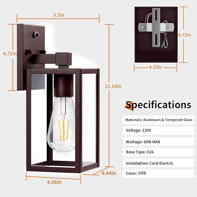 Oil Rubbed Bronze Dusk to Dawn Outdoor Porch Lighting Fixtures Wall Mount, Sensor Exterior Wall Light for House, Ouside Lantern Lamp, Waterproof Wall Sconce Lights, Coach Light for Garage