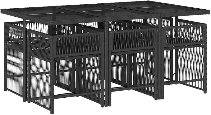 7-Piece Black PE Rattan Patio Dining Set with 65" Table | Features 6 cushioned chairs and a tempered glass top with a space-saving cube design for easy backyard storage.