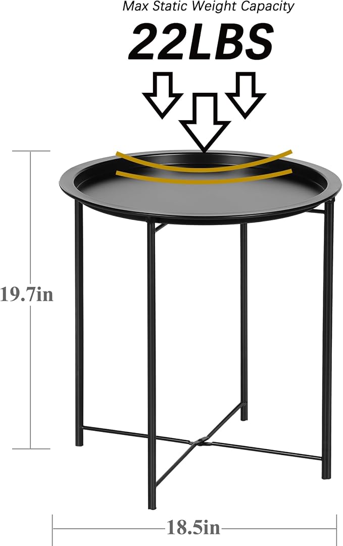 VECELO Side/End Table, Folding Round Metal Anti-Rust and Waterproof Outdoor or Indoor Tray for Living Room Bedroom Balcony and Office, 1 PCS, Black