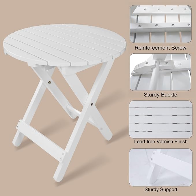 Outdoor Wooden Side Table, Folding Patio End Table, Small Round Furniture Table for Adirondack Chair, Balcony, Porch, Acacia Wood, No Assembly, White