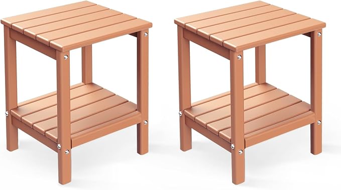 BRIOPAWS Outdoor-Side-Tables | Set of 2 | Small | HDPE Plastic | Patio End-Table | 2-Shelf Adirondack Outside Tables | All Weather | for Poolside Front Porch Indoor Living Room | 14" x 13" | Teak