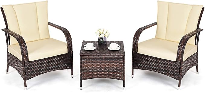 Tangkula 3 Piece Patio Furniture Set, 2 Wicker Chairs with Glass Top Coffee Table, Outdoor Garden Porch Poolside Furniture Set for 2, Rattan Conversation Set