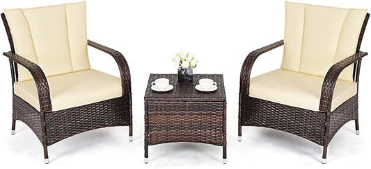 Tangkula 3 Piece Patio Furniture Set, 2 Wicker Chairs with Glass Top Coffee Table, Outdoor Garden Porch Poolside Furniture Set for 2, Rattan Conversation Set