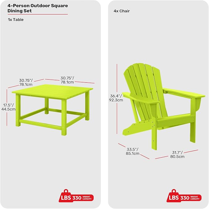 Costaelm Patio Conversation Set, Patio Chairs Set of 5 Balcony Firepit Furniture Outdoor Adirondack Square Table and Chair Backyard Furniture Set for Lawn Porch Pool Garden, Lime