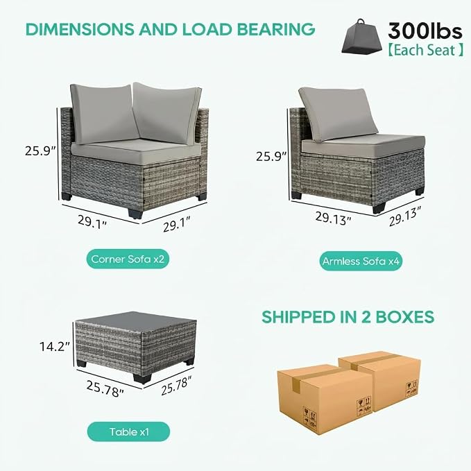 7 Pieces Outdoor Patio Furniture Set, All-Weather Sectional Sofa | Light Grey Wicker Conversation Set with Glass Table and Cushions | PE Rattan Weaving | Ideal for Patio, Pool, Balcony